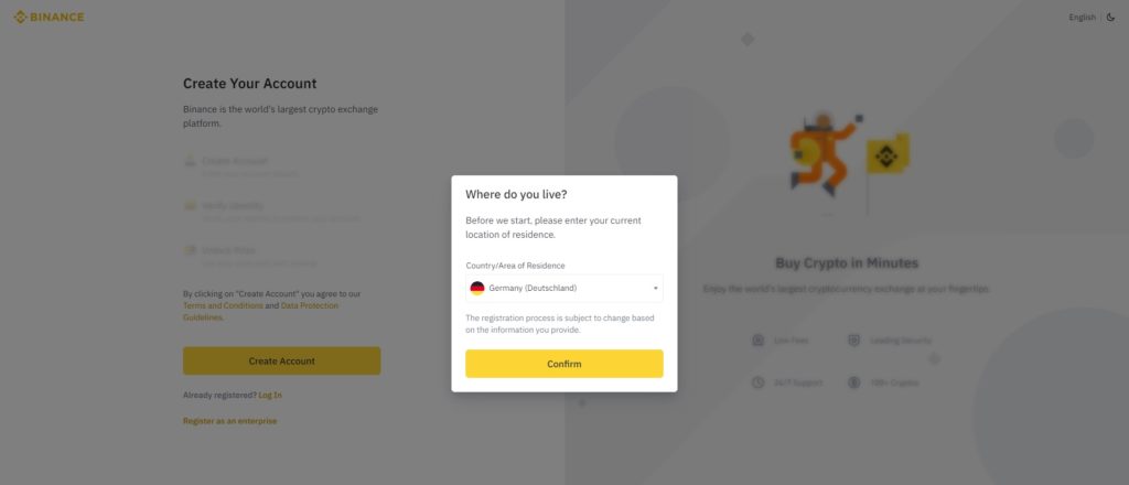 Länderauswahl für die Anmeldung bei der Kryptobörse Binance