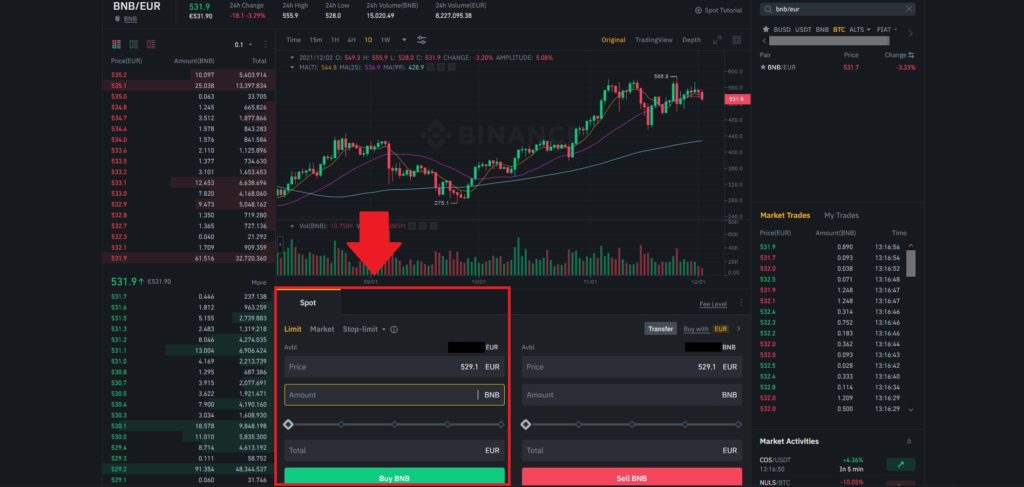 Spot Kauforder bei der Kryptobörse Binance platzieren