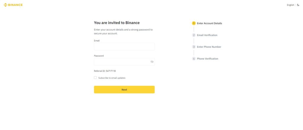 E-Mail Adresse und Passwort festlegen für die Kryptobörse Binance